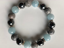 Load image into Gallery viewer, 10mm Scenic Jasper, Hematite & Aquamarine Gemstone Bracelet