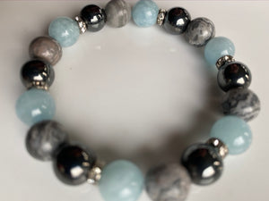 10mm Scenic Jasper, Hematite & Aquamarine Gemstone Bracelet
