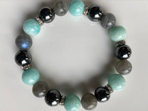 10mm Labradorite, Hematite & Aquamarine Gemstone Bracelet