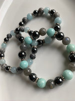 
              8mm Scenic Jasper, Hematite & Aquamarine Gemstone Bracelet
            