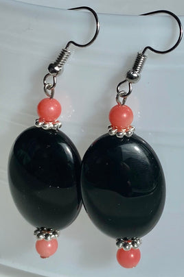 Onyx / Coral Oval Earrings