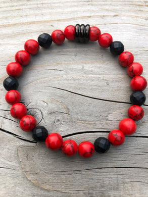 Red Sea Bamboo & Faceted Onyx Gemstone Bracelet