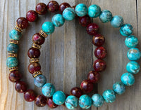 
              Red Suspended Copper Agate & African Howlite Gemstone Bracelet
            